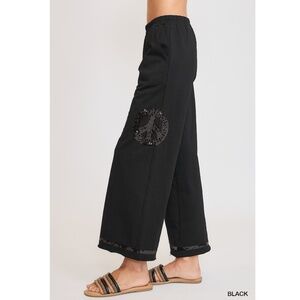 Umgee Black Pants Sequins Peace Sign Lg New